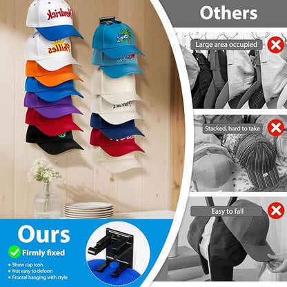 2 Pack Hat Organizer for Baseball Caps, Hat Rack for Wall Hold Up to 16 Hats, Hat Holder with Strong Adhesive and Screws, Hat Organizer Wall Mounted Hat Hanger Display for Door Closet Bedroom(A-Black)