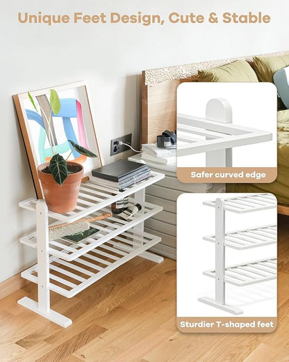 Varhomax White Shoe Rack, Bamboo Shoe Rack Organizer for Closet and Entryway, Thick Wooden Free Standing Shoe Shelf for Small Spaces, Sturdy & Versatile for Bedroom, Bathroom, Garage (3-Tier)