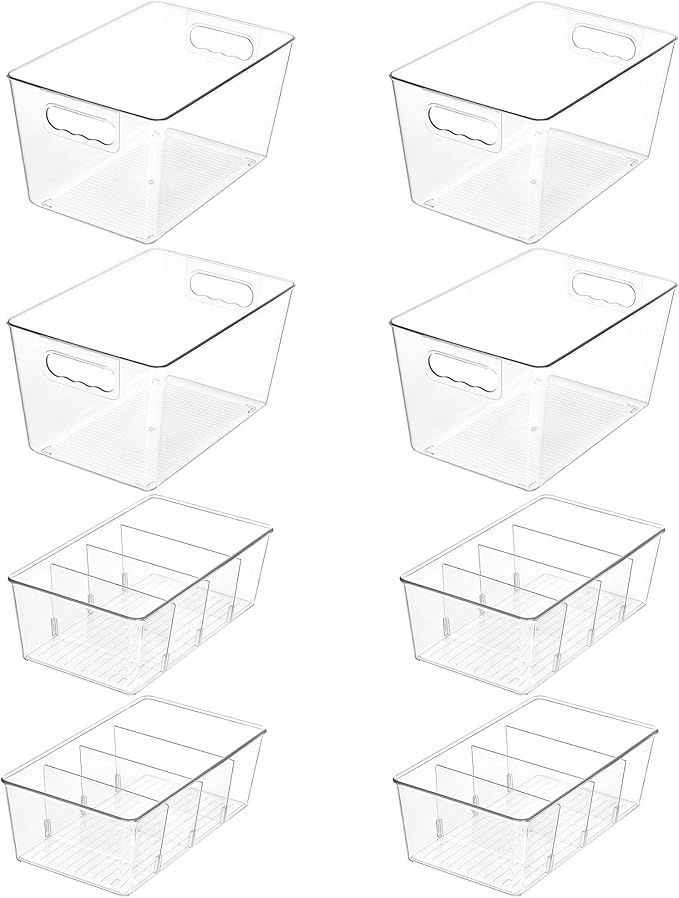 Vtopmart 8 Pack Clear Plastic Storage Bins Set, 4 Large Pantry Organizer Bins with Handle and 4 Medium Snack Organizer Bins with 4-Compartment for Pantry, Kitchen, Fridge, Cabinet Organization