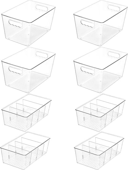 Vtopmart 8 Pack Clear Plastic Storage Bins Set, 4 Large Pantry Organizer Bins with Handle and 4 Medium Snack Organizer Bins with 4-Compartment for Pantry, Kitchen, Fridge, Cabinet Organization