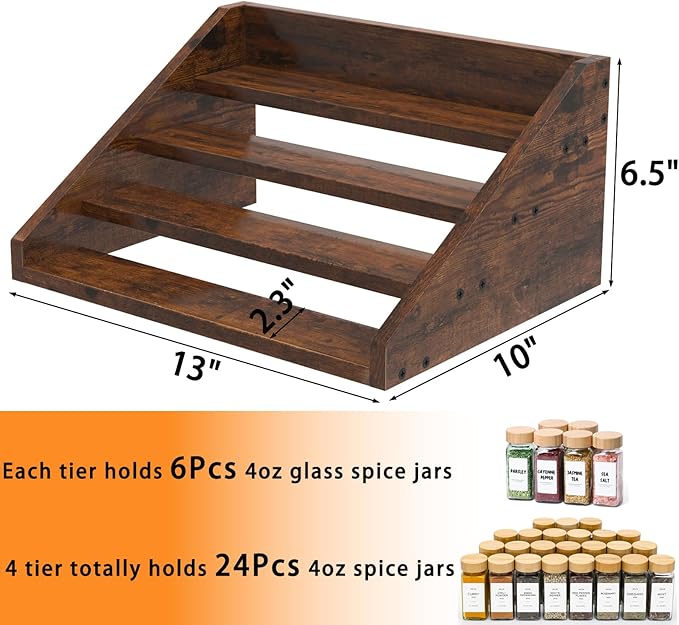 4 Step Spice Rack Organizer for Cabinet, Robust Wooden Display Riser Shelf Seasoning Organizer for Countertop Cupboard Pantry, Condiment Jar Kitchen Storage Holder Super Sturdy Stand, Rusitc Brown