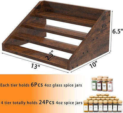 4 Step Spice Rack Organizer for Cabinet, Robust Wooden Display Riser Shelf Seasoning Organizer for Countertop Cupboard Pantry, Condiment Jar Kitchen Storage Holder Super Sturdy Stand, Rusitc Brown