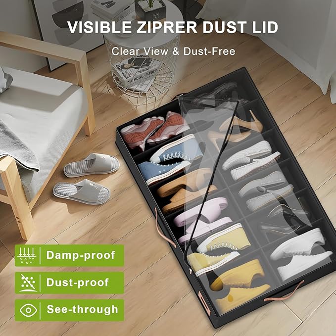homyfort Shoe Organizer Under Bed, Fits 32 Pairs, Under bed Shoe Storage Boxes with Study Handles and Clear Cover, zapateras organizer for shoes, set of 2