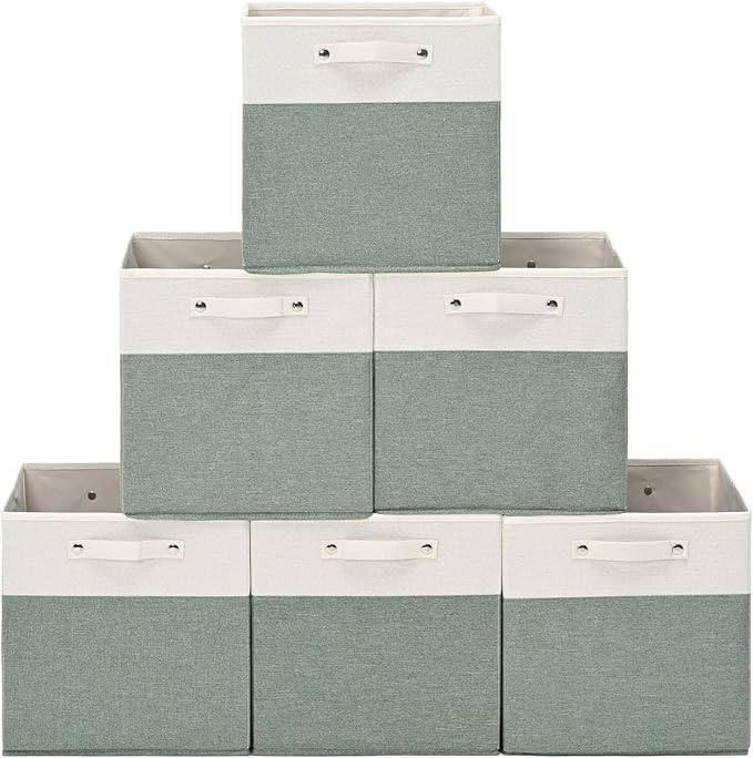 FinishingBo 13 x 13 Inch Fine Linen Storage Bins with Handles，Fabric Cube Boxs，Basket Organizers for Shelves for Home, Closet Drawers (White/Green-6 Pack)