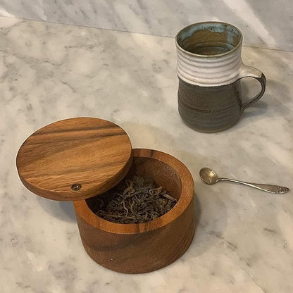 KH Acacia Wood Salt or Spice Box with Swivel Cover perfect for keeping table salt, Salt Cellers, gourmet salts, herbs or favorite seasonings, 3.5 (dia) x 2.5 Inch (height)