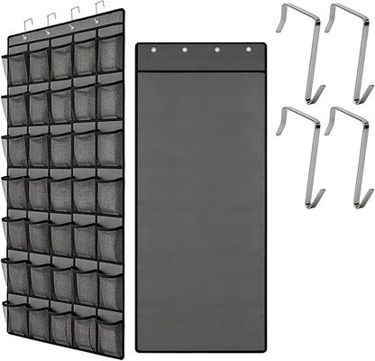 Over the Door Shoe Organizer, 35 Large Breathable Mesh Pockets, Space Saving Hanging Storage, Holds Up to 40 lbs, Hangs on Closets for Shoes, Accessories, Gray