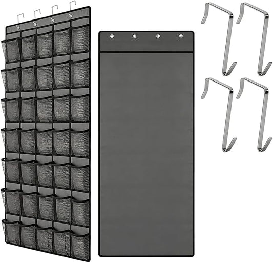 Over the Door Shoe Organizer, 35 Large Breathable Mesh Pockets, Space Saving Hanging Storage, Holds Up to 40 lbs, Hangs on Closets for Shoes, Accessories, Gray
