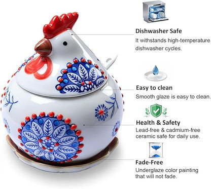 2 Pcs Ceramic Salt Cellar with Lid 、Tray and Spoon, 13 OZ Large Chicken Salt Jar, Salt Holder for Counter, Coffee, Sugar, Spices and Candies, Salt Containers for Countertop (Bule and Red)
