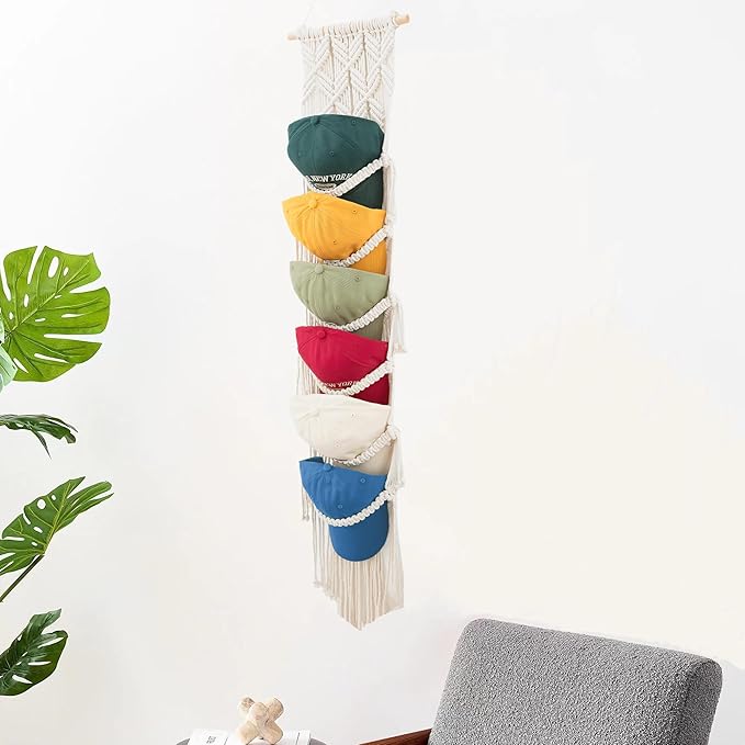 Macrame Cap Holder - Boho Hats Organizer, Six Hat Rack for Wall Mounting Decoration & Collection Display