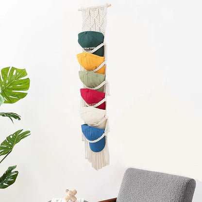 Macrame Cap Holder - Boho Hats Organizer, Six Hat Rack for Wall Mounting Decoration & Collection Display