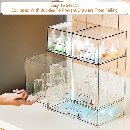 Yieach 5 Set Clear Stackable Storage Drawers and Acrylic Drawer Organizer,BPA Free Baby Bottle Organizer for Countertop and Bottle Station Organizer for Breast Pump Parts,Pacifier and Baby Accessories