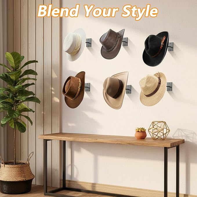 6 Pcs Cowboy Hat Rack for Wall, Cowboy Hat Holder Wall Mount, Western Rustic Metal Hats Hanger Hooks Organizer for Fedora, Sun Hats, Wide Brim, Western Room Decor