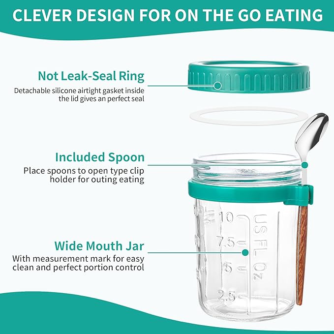 Xileanalee 6 Pack Overnight Oats Containers with Lids and Spoons-18 Oz Overnight Oats Jars Mason Jars for Chia Pudding Cereal Fruit Vegetable Milk Salad Yogurt Meal Prep