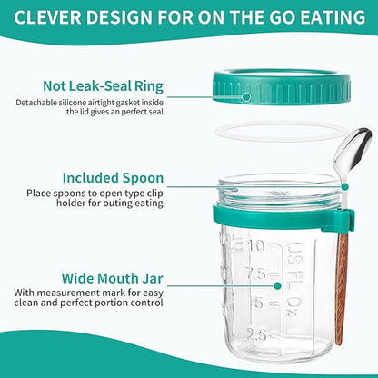 Xileanalee 6 Pack Overnight Oats Containers with Lids and Spoons-18 Oz Overnight Oats Jars Mason Jars for Chia Pudding Cereal Fruit Vegetable Milk Salad Yogurt Meal Prep