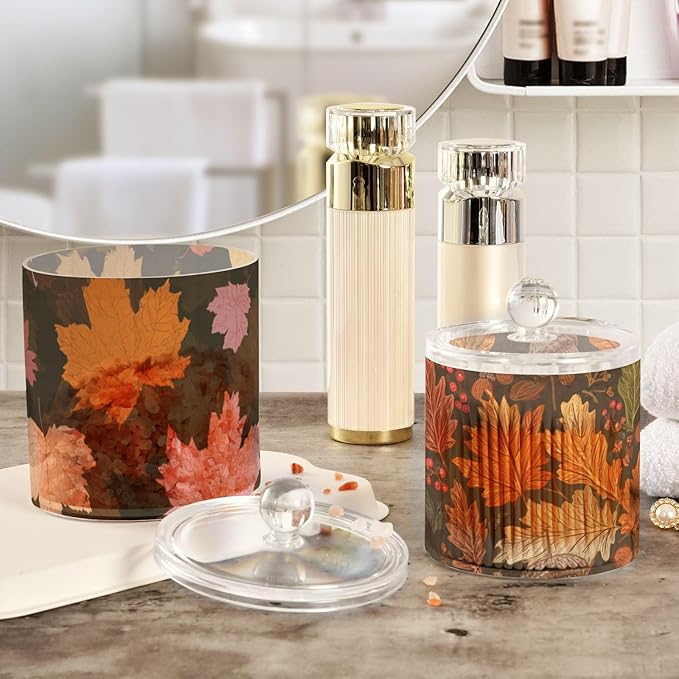 2 Pack Qtip Dispenser Apothecary Jars with Lids Cotton Round Holder Bathroom Canisters for Cotton Swab Floss Ball Pads Clear Plastic Decorative Maple Leaves Branches Brown