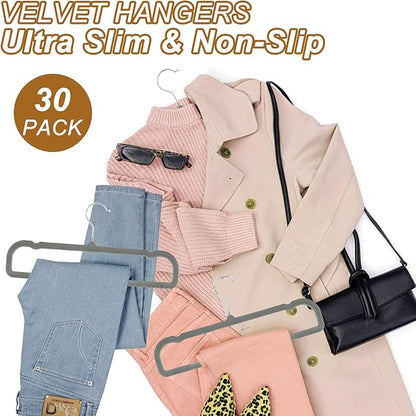 Pants Hangers Space Saving, 30 Pack Velvet Hangers for Closet with 30 Hooks, Strong Durable Non Slip Slim Clothes Hanger, Ultra Soft Flocked Hanger for Pants, Shirts, Bra, Shorts (Grey)
