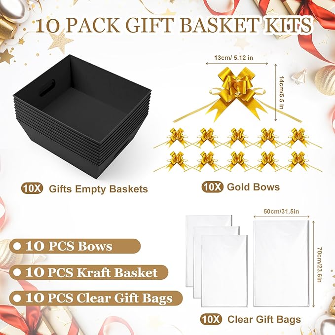AFOROEOA 10PACK Baskets For Gifts Empty, 10 x 8” Thick Black Gift Basket with 10 Clear Gift Bags and 10 Pull Bows, Empty Gift Baskets for Christmas, Thanksgiving Wedding Birthday Party Wrapping Gift