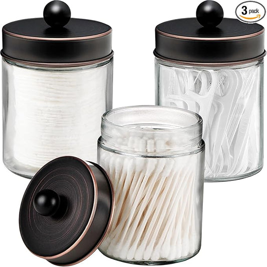 Apothecary Jar Canisters Bathroom Vanity Organizer - Qtip Holder Storage Organizer Countertop -Stainless Steel Lids &Cute Stickers for Qtips,Cotton Swabs,Makeup Sponges,Floss(3 Pack) (ORB)