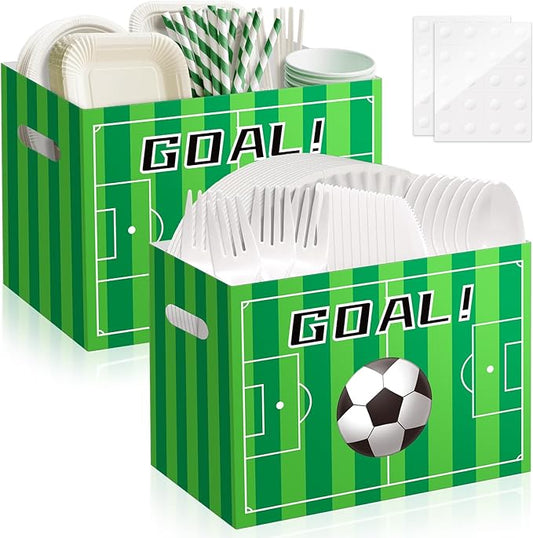 2PCS Soccer Utensil Holder Paper Utensil Caddy for Soccer Party Supplies Cutlery Holder with Handles Green Party Favors Snack Box Disposable Cutlery Caddy for Sports Themed Birthday Decorations