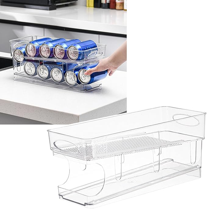 Refrigerator Organizer Bins, Automatic Rolling Transparent Beverage Can Storage, Refrigerator Storage Box, Double Layer Clear Plastic Container, Refrigerator Beverage Can Storage Organizer