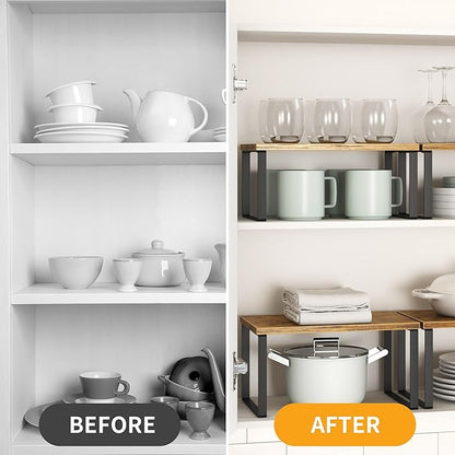 Kitchen Cabinet Organizer Shelf Set of 4, Sturdy Kitchen Counter Shelves with Metal Legs, Stackable Expandable Wood Spice Rack Pantry Cupboard Dish Mug Cup Storage Organizer Shelf, Rustic Brown