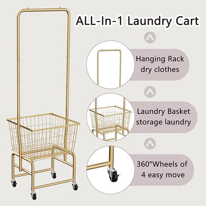 Rolling Laundry Cart with Wheels, Laundry Hamper Basket Organizer with Clothes Hanging Rack, Wire Storage Cloth Shelf Butler, Golden
