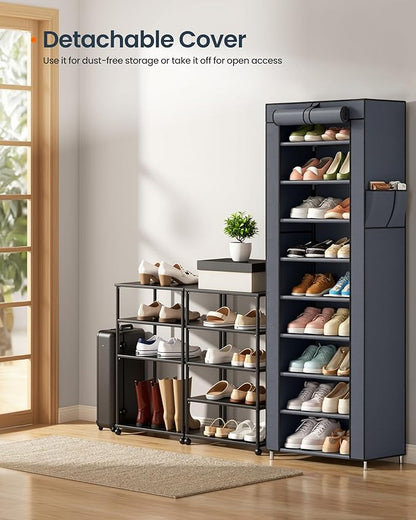 SONGMICS HOME Shoe Rack 10-Tier, Tall Narrow Metal Shoe Organizer with Dust Cover, 11.2 x 19.1 x 63.2 Inches, Vertical Storage Cabinet for Closet Entryway, Gray