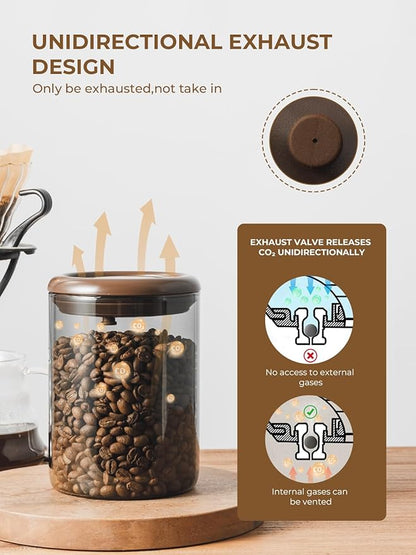 10 oz Coffee Canister, Airtight Glass Coffee Container for Ground Coffee & Beans, UV-Resistant Borosilicate Jar with CO2 Valve, Pop-Top Lid for Coffee Bar & Kitchen Counter