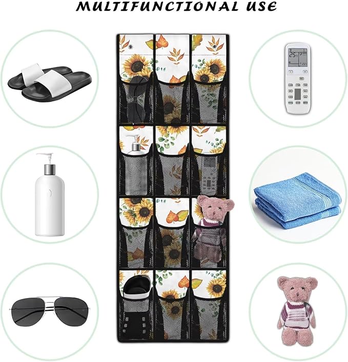 Sunflower Maple Leaf Behind Door Organizer for Dorm Room Essentials,Thanksgiving Decor Over The Door Hanging Organizer for Living Room,Large Capacity and 12 Pockets Wall Hanging Storage