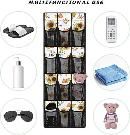 Sunflower Maple Leaf Behind Door Organizer for Dorm Room Essentials,Thanksgiving Decor Over The Door Hanging Organizer for Living Room,Large Capacity and 12 Pockets Wall Hanging Storage