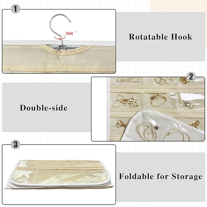 2 Pack Hanging Jewelry Organizer 80-Pocket Dual-sided Jewelry Storage for Earring Necklace Bracelet Ring Travel Holder, White and Beige