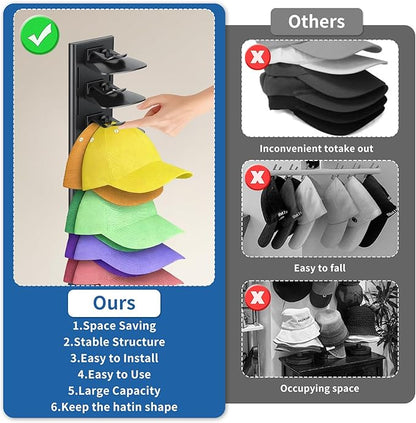 Enwokran Hat Organizer for Baseball Caps 2 Pack - Multilayer Hat Storage Rack with Strong Adhesive, 2 Mounting Options, Holds Up to 40 Hats, Wall/Door Mount for Bedroom Closet(Black)