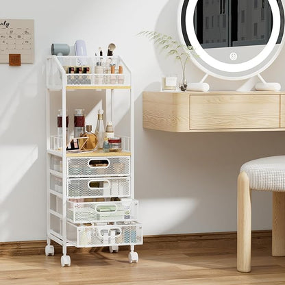 HapiRm Makeup Organizer Storage Cart - Floor Skincare Make Up Storage with 4 Drawers, Rolling Makeup Cart Vanity Organizer Cosmetics Display Cases Holder for Skin Care Perfume Nail Polish