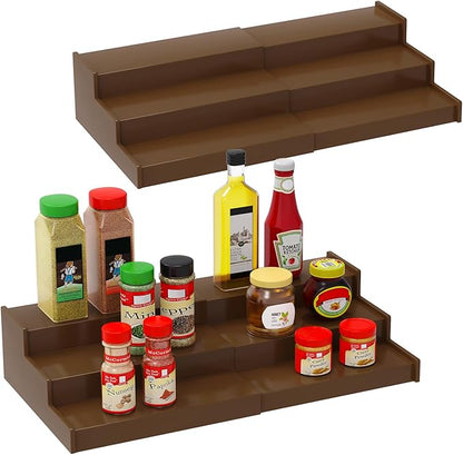 Lenwi Spice Rack Organizer for Cabinet 2 Pack, 3 Tier Expandable Bamboo Spice Storage for Kitchen Cupboard Pantry, Brown