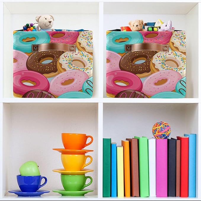 Donuts Storage Basket Bin, Large Cube Storage Box Canvas Collapsible Storage Organizer for Home Office Closet - 15 L x 11 W x 9.5 H