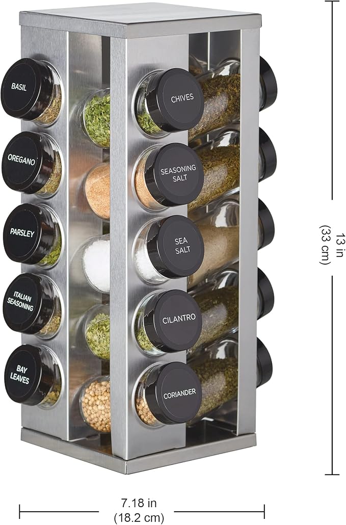 Kamenstein 20 Jar Heritage Revolving Countertop Spice Rack Organizer with Spices Included, FREE Spice Refills for 5 years, Brushed Stainless Steel with Black Caps (Pack of 3)
