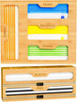 KOCWELL Bamboo Bag Storage Organizer - 2 Wrap Dispenser with Cutter & 4 Slots Food Storage Bags Container - Kitchen Drawer Plastic Bags Storage Organization for Gallon Quart Sandwich Snack Bags