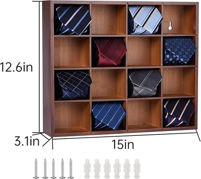 Tie Organizer Wall Mounted Tie Rack,Tie Box for Men,Tie Box Organizer with 16 Compartments，Tie Display Racks for Bedroom, Changing Room, Men Wardrobe(Brown,2 PCS)