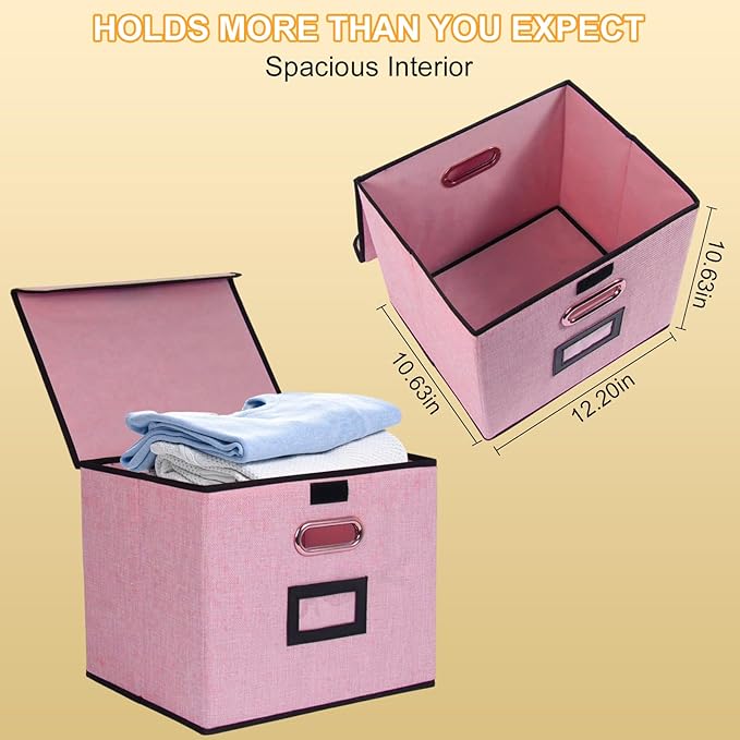 Large Square Storage Bin with Lid, Foldable Organizer Box with Handles & Label Design, for Office, Closet, Home, Documents, Pink, 12.20 x 10.63 x 10.63 Inches, 1 Pack