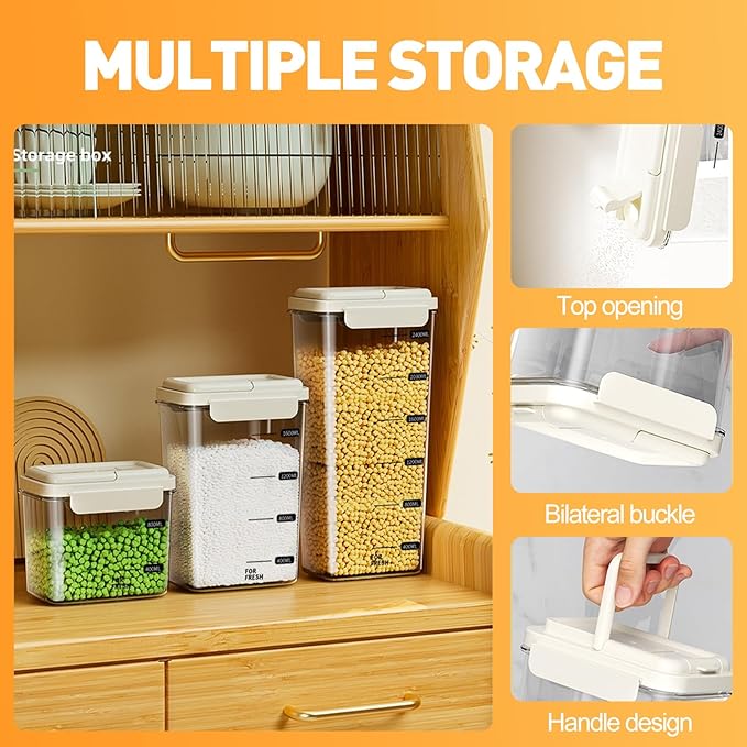 3-Piece Airtight Storage Set - 1200ml+2000ml+2800ml with Handheld Design, BPA-Free Food-Grade, Stackable Organizers for Flour, Grains, Oats, Pasta, Pet Food (Cream Yellow)