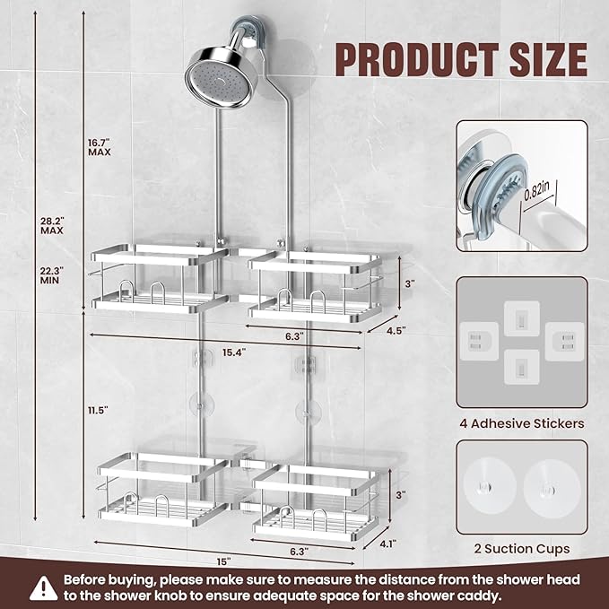 REINHARDT Adjustable Shower Caddy Hanging Rustproof Shower Caddy for Handheld Showerheads, Shower Organizer with Hooks Soap Holder, Anti-Swing Shower Rack Bathroom Accessories, Silver