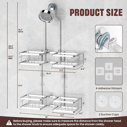 REINHARDT Adjustable Shower Caddy Hanging Rustproof Shower Caddy for Handheld Showerheads, Shower Organizer with Hooks Soap Holder, Anti-Swing Shower Rack Bathroom Accessories, Silver