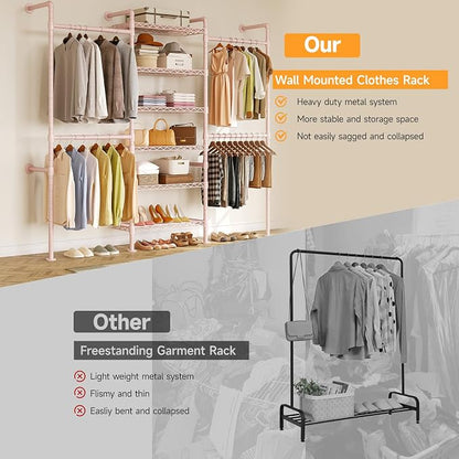 ONBRILL H3 Wall Mounted Closet System, Expandable Industrial Pipe Clothes Rack Clothing Rack for Hanging Clothes, Heavy Duty Closet Organizers and Storage in Wardrobe Closet, Pink
