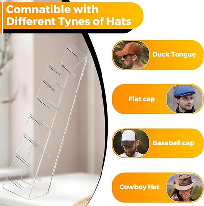 Acrylic Hat Organizer for Baseball Caps, 2-Pack No Installation Hat Rack, Clear Hat Stand Holder with 7 Slots, Non-Slip Adhesive, Bedroom, Entryway, Dresser, Tabletop, Display and Organize