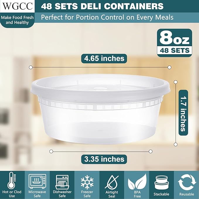 WGCC Deli Containers with Lids 8oz- Disposable Soup Containers with Lids 48 Sets - Plastic Container with Lid, Food Container with Leakproof, BPA Free/Microwave/Freezer/Dishwasher Safe