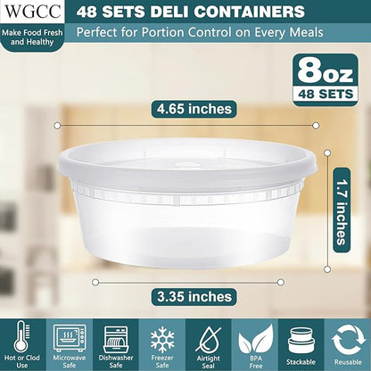 WGCC Deli Containers with Lids 8oz- Disposable Soup Containers with Lids 48 Sets - Plastic Container with Lid, Food Container with Leakproof, BPA Free/Microwave/Freezer/Dishwasher Safe