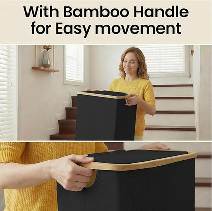 efluky Slim Laundry Basket with Lid, Narrow Laundry Hamper with Removable Bag, Skinny Dirty Clothes Basket with Bamboo Handles for Bathroom, Bedroom & Laundry Room, 75L Black