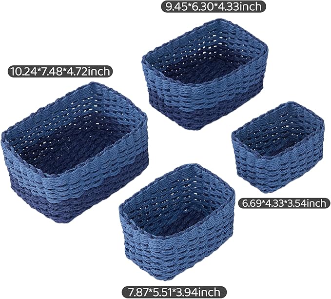 4PCS Woven Storage Baskets Set, Small Baskets for Organizing, Square Handwoven Paper Rope Organizer Bins for Shelves and Home Storage (Blue)
