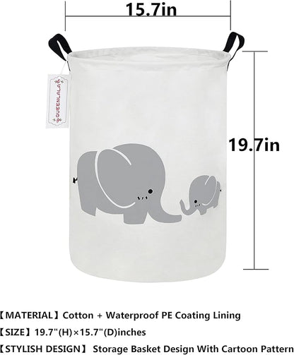 QUEENLALA Large Storage Basket,Laundry Hamper/Bathroom/Home Decor/Collapsible Round Storage Bin,Boys and Girls Hamper/Boxes/Clothing(Parent-child elephant)