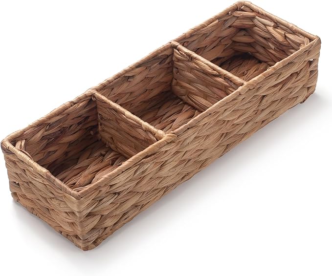 Water Hyacinth Toilet Tank Basket for Toilet Paper Rolls Wicker Baskets for Shelves Tampon Storage for Bathroom 3 Dividers (Large Compartment 16.5inch x 5.5inch x 3.5inch)